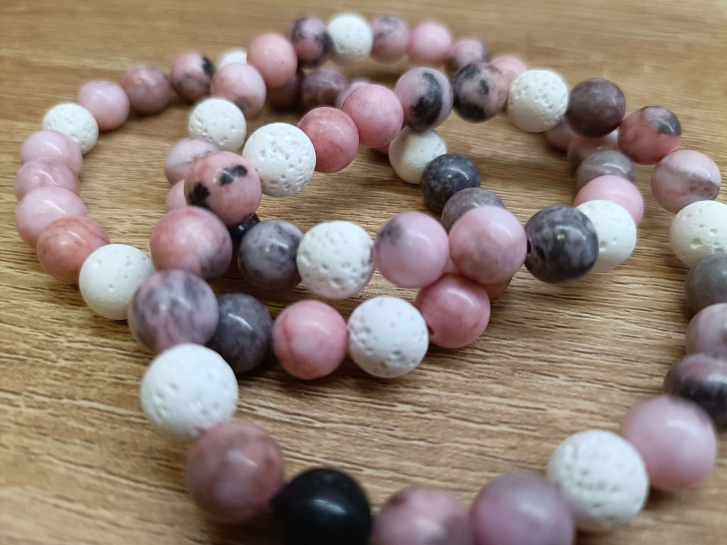 Pink Zebra Jasper & White Lava Stone Bracelet with Rose Quartz Heart