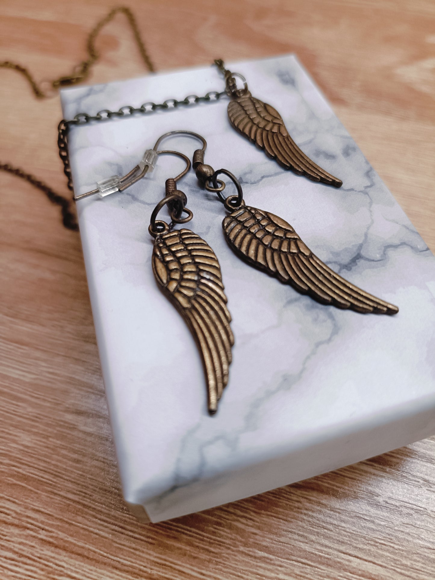 Antique Bronze Angel Wing Necklace & Earring Set