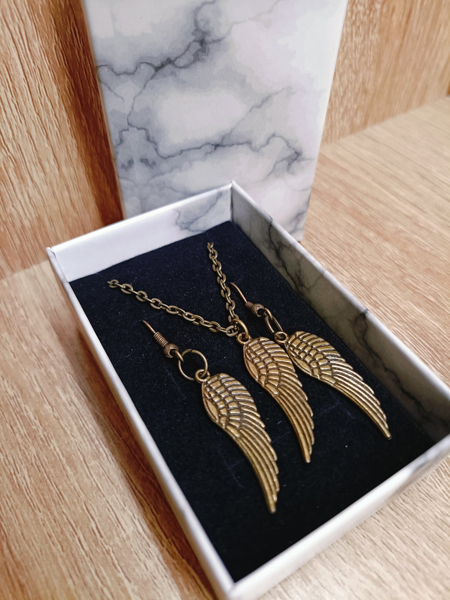 Antique Bronze Angel Wing Necklace & Earring Set
