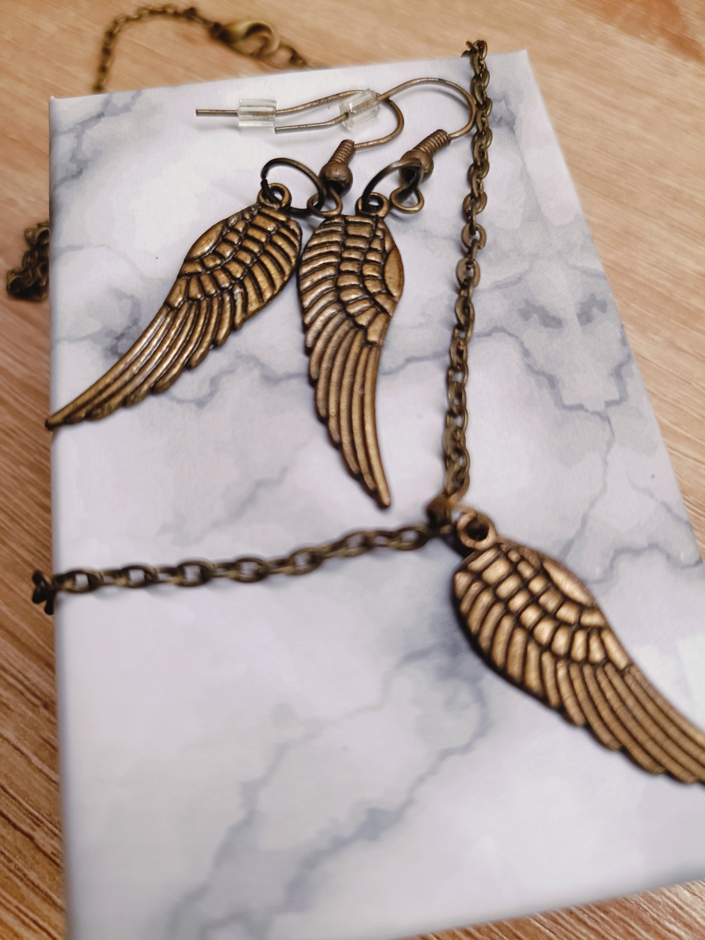 Antique Bronze Angel Wing Necklace & Earring Set