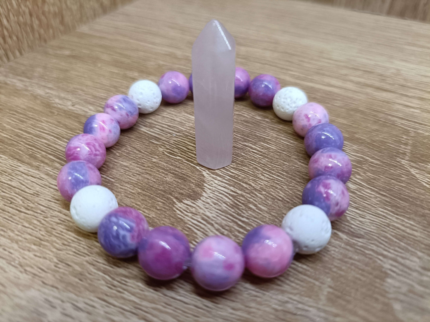 Pink/Purple Fire Vein Agate and White Lava Stone Bracelet with Rose Quartz Pillar Crystal