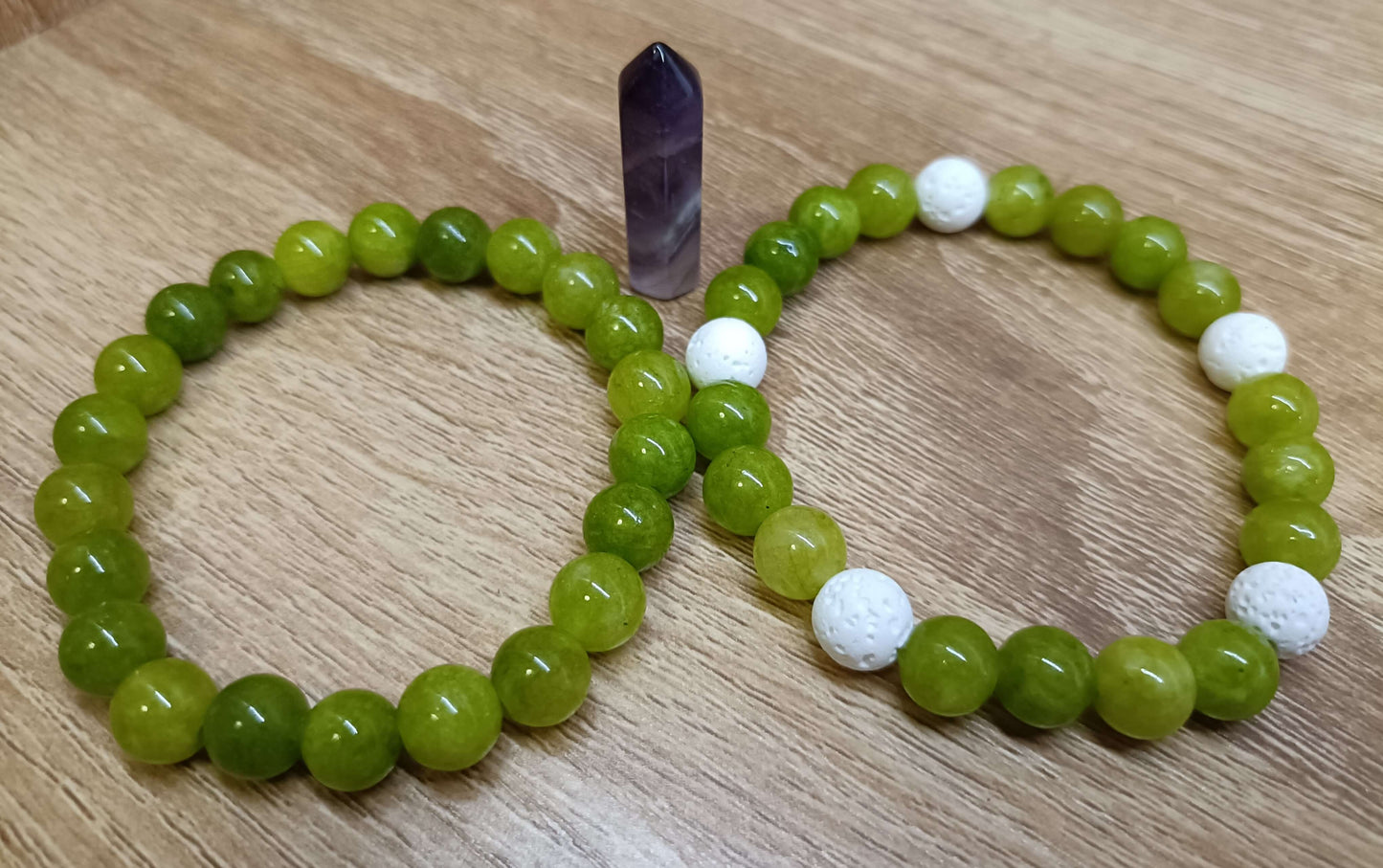 Green Peridot & White Lava Stone Bracelet Set with Amethyst Pillar Crystal