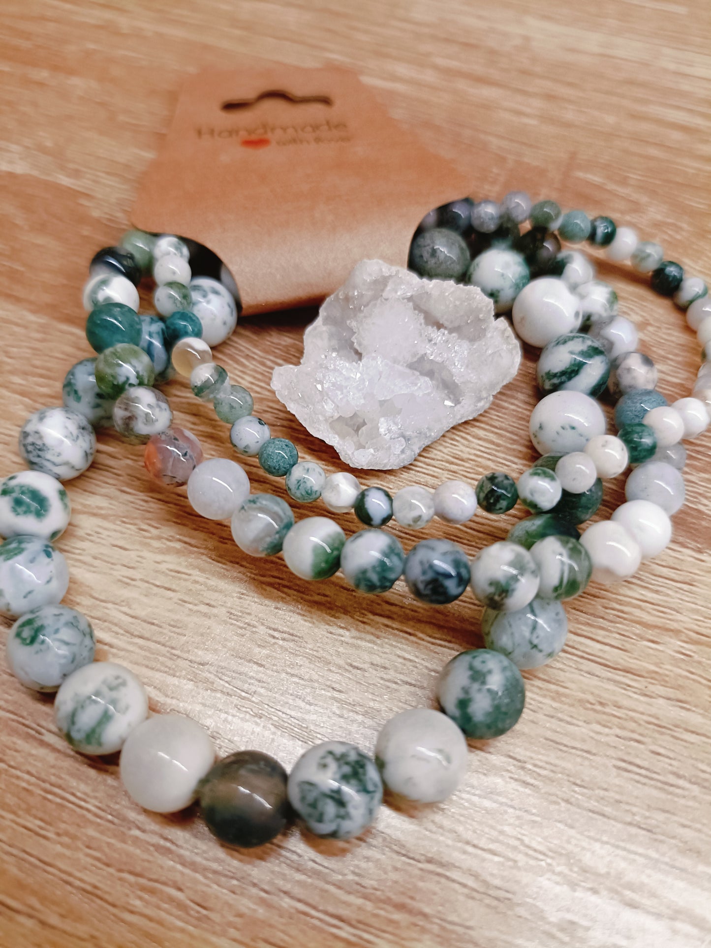 Green Tree Agate Bracelet Trio with Natural Geode