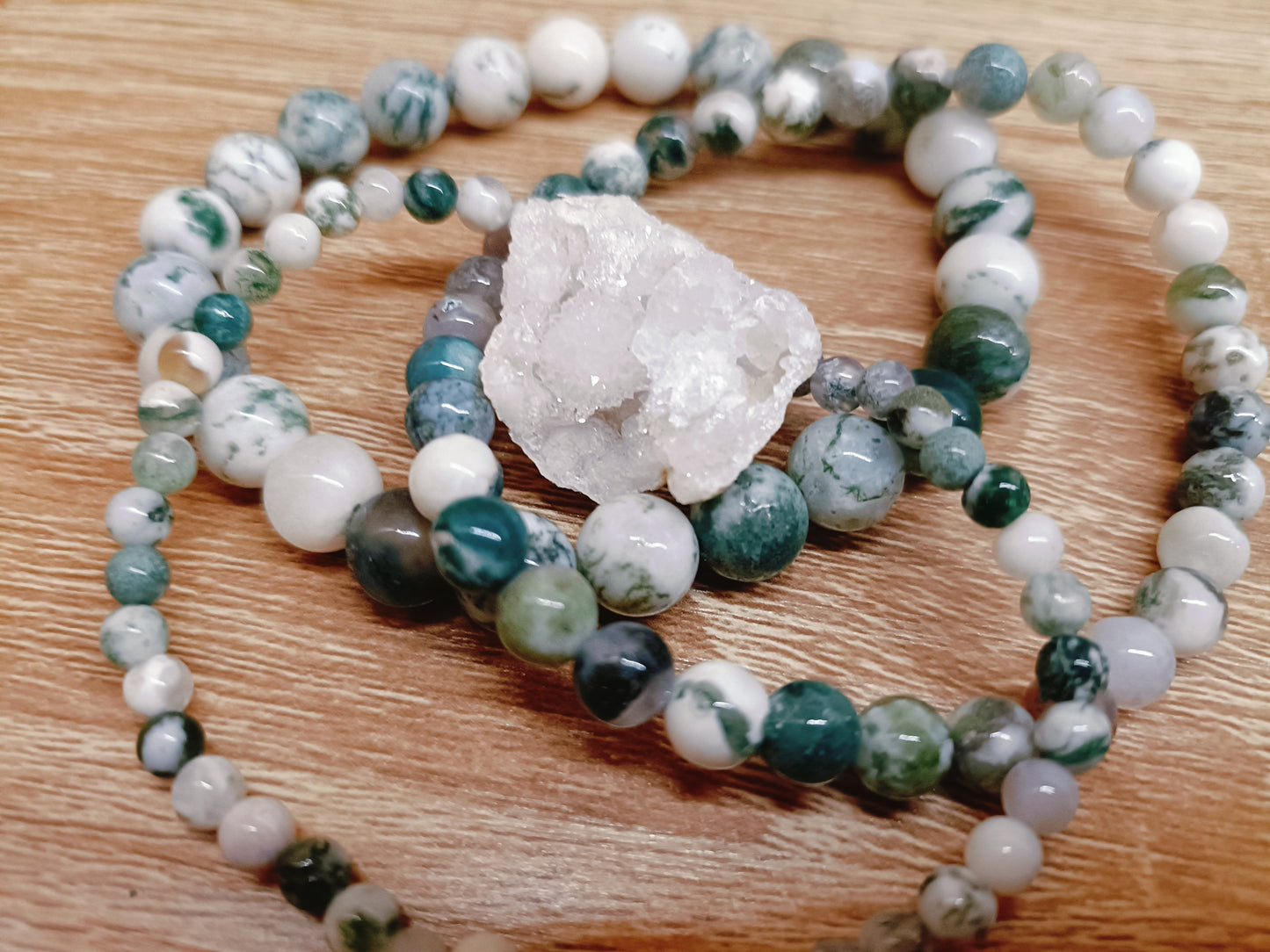 Green Tree Agate Bracelet Trio with Natural Geode