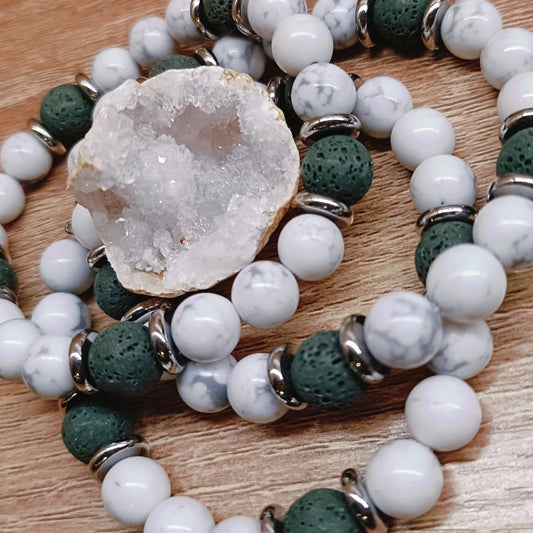 Bracelet en pierre de lave blanche turquoise et verte avec géode naturelle