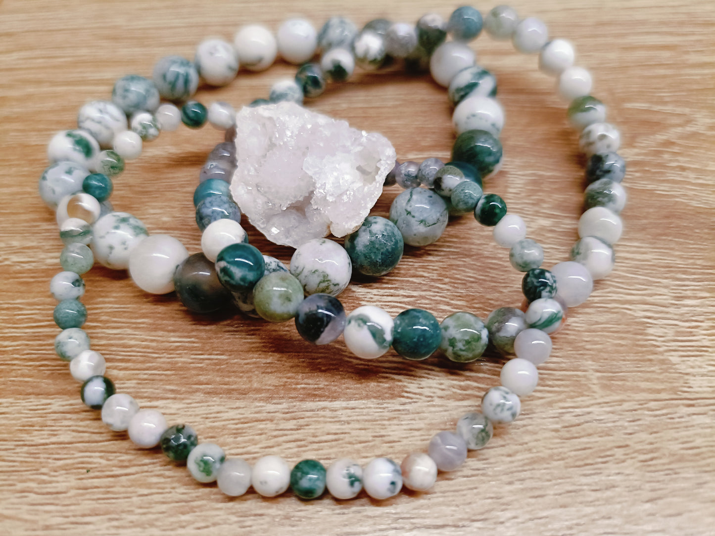 Green Tree Agate Bracelet Trio with Natural Geode