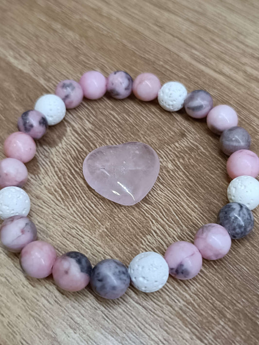 Pink Zebra Jasper & White Lava Stone Bracelet with Rose Quartz Heart