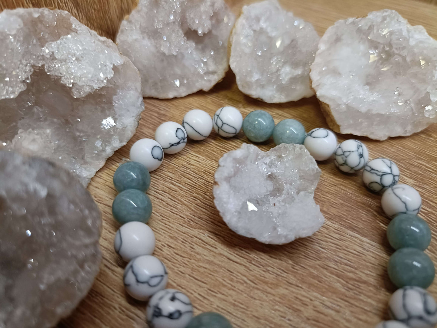 Natural Burmese Jade stone & White Turquoise Bracelet with Natural Geode