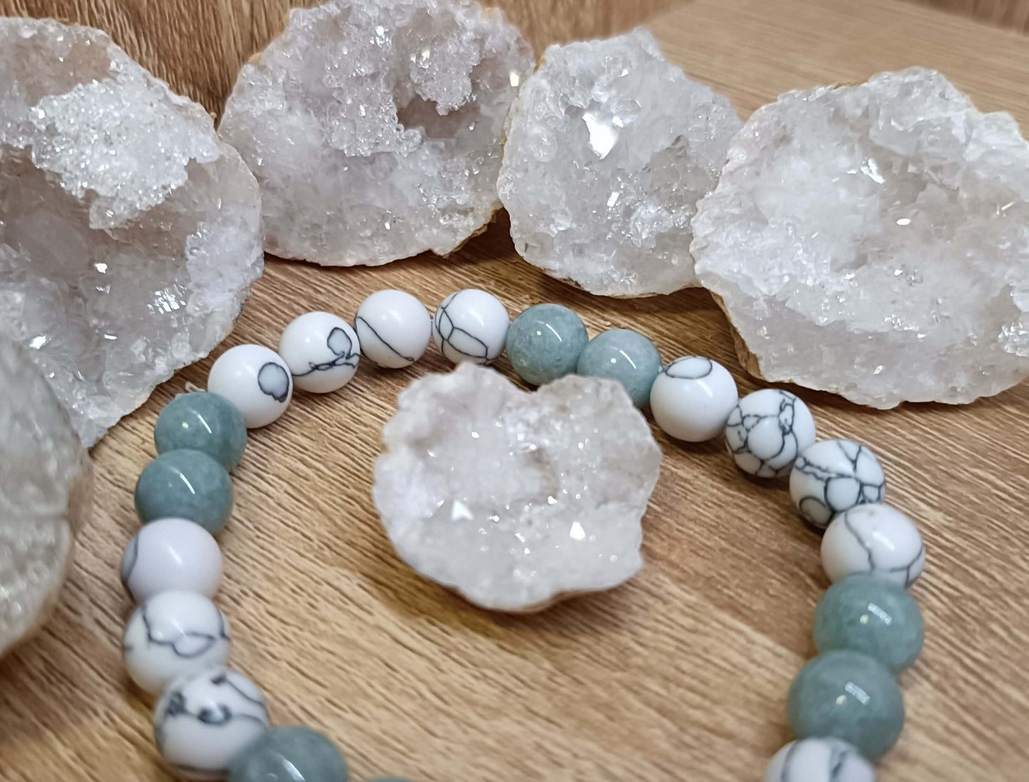 Natural Burmese Jade stone & White Turquoise Bracelet with Natural Geode