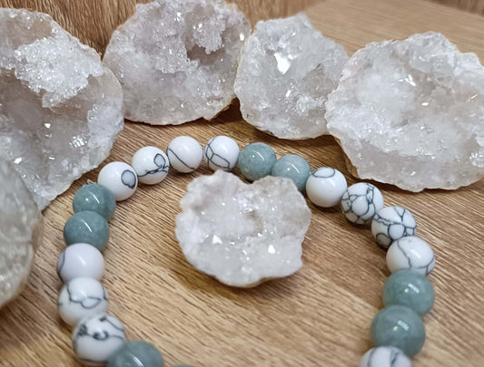 Natural Burmese Jade stone & White Turquoise Bracelet with Natural Geode