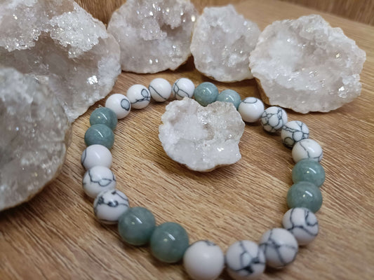 Natural Burmese Jade stone & White Turquoise Bracelet with Natural Geode