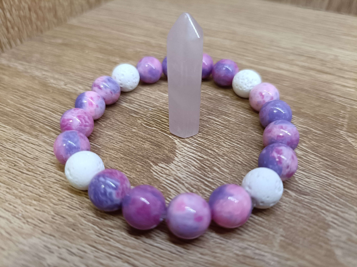 Pink/Purple Fire Vein Agate and White Lava Stone Bracelet with Rose Quartz Pillar Crystal