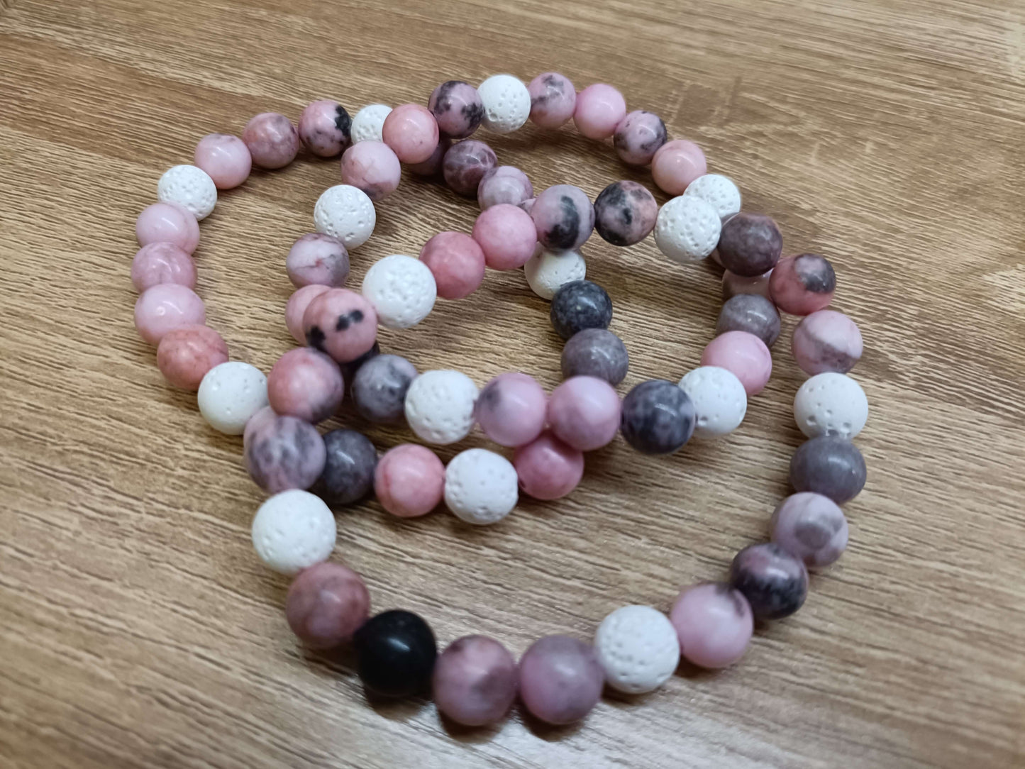 Pink Zebra Jasper & White Lava Stone Bracelet with Rose Quartz Heart
