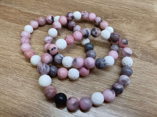 Pink Zebra Jasper & White Lava Stone Bracelet with Rose Quartz Heart
