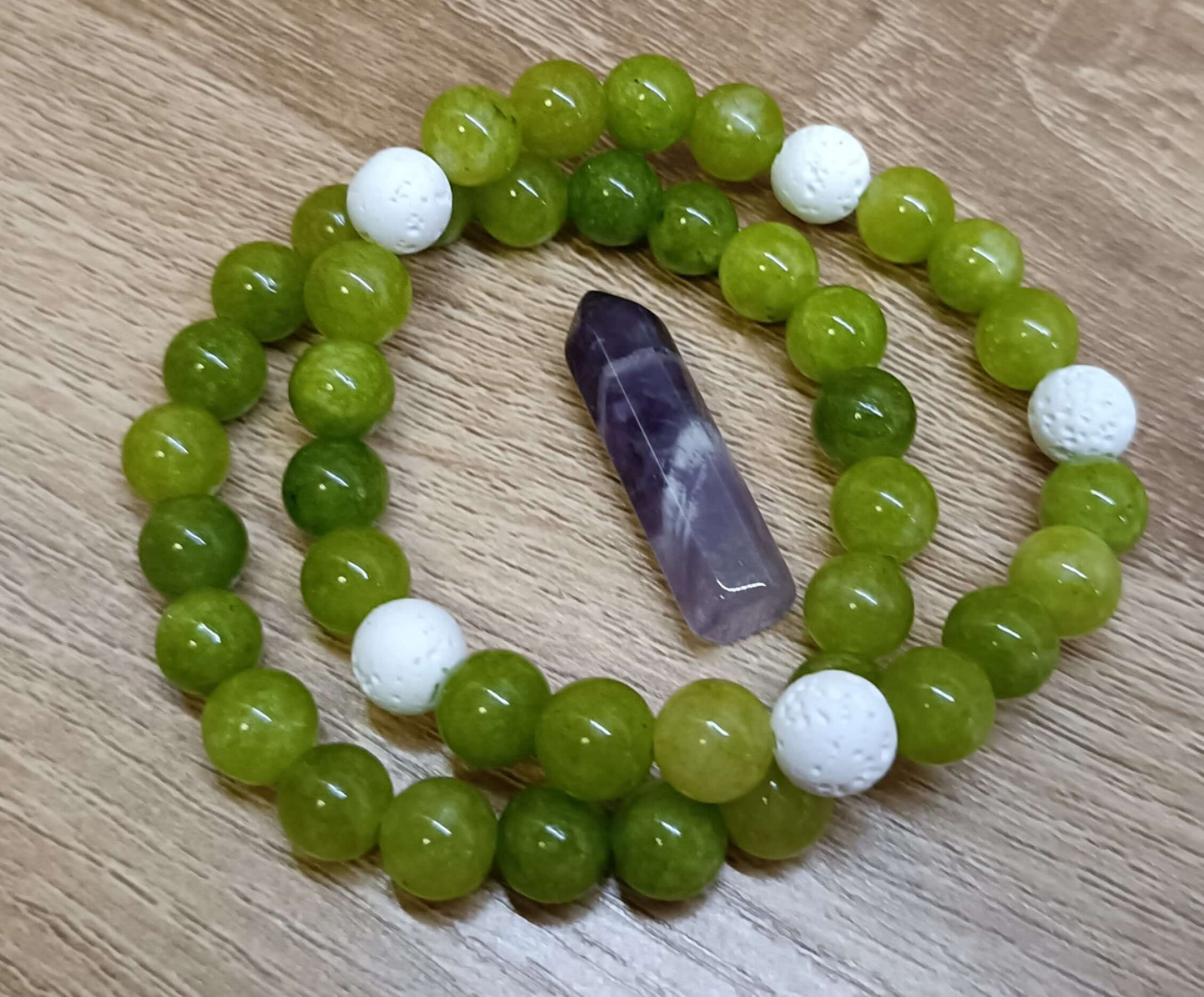 Green Peridot & White Lava Stone Bracelet Set with Amethyst Pillar Crystal