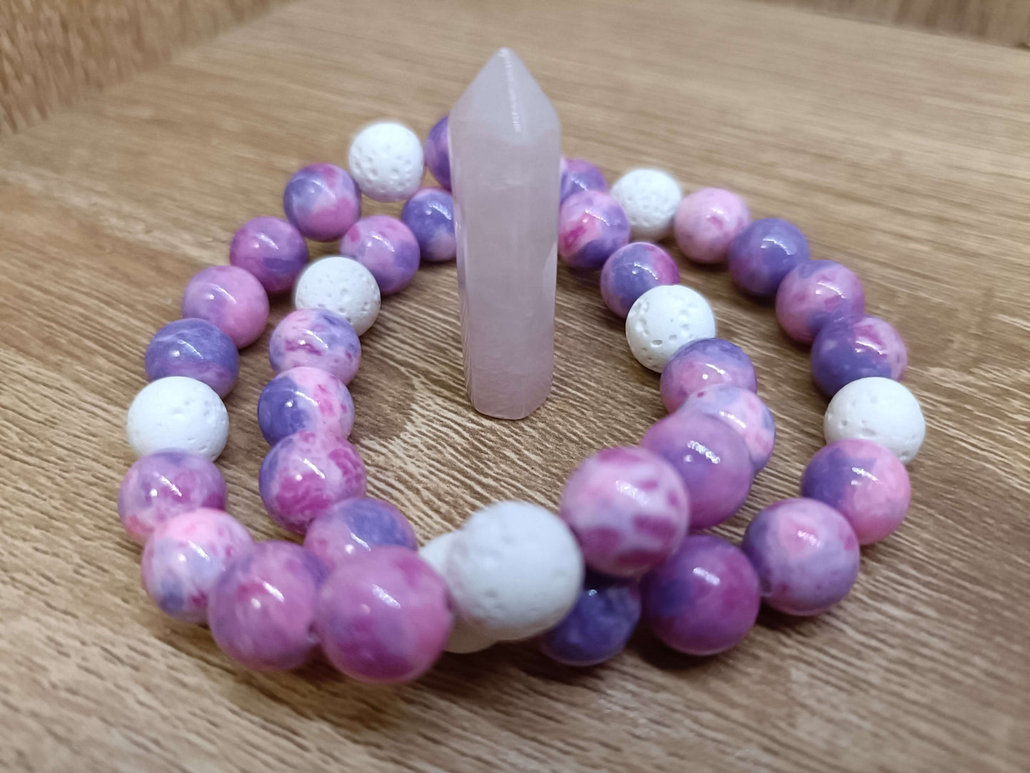 Pink/Purple Fire Vein Agate and White Lava Stone Bracelet with Rose Quartz Pillar Crystal