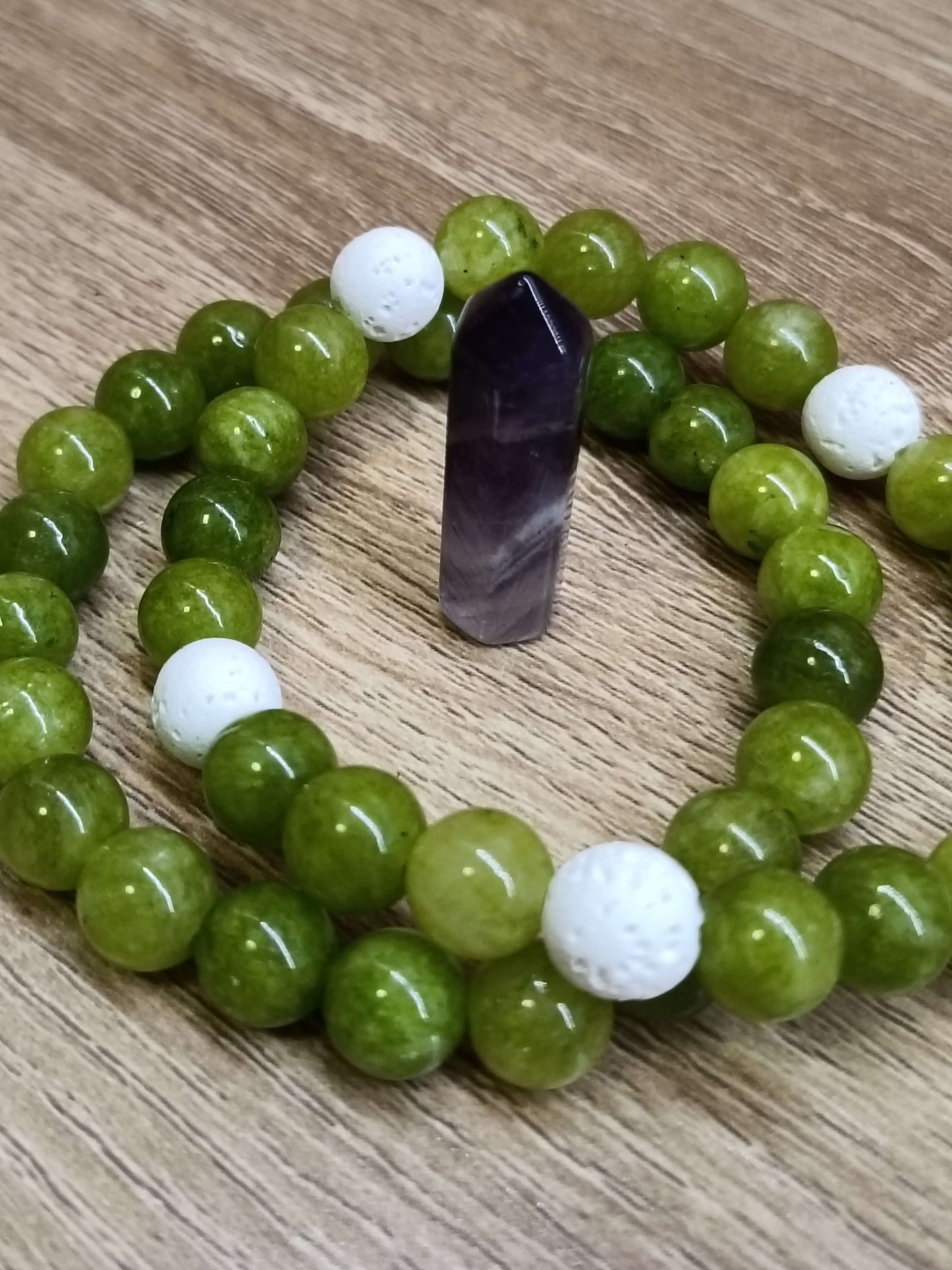 Green Peridot & White Lava Stone Bracelet Set with Amethyst Pillar Crystal