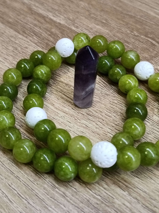 Green Peridot & White Lava Stone Bracelet Set with Amethyst Pillar Crystal