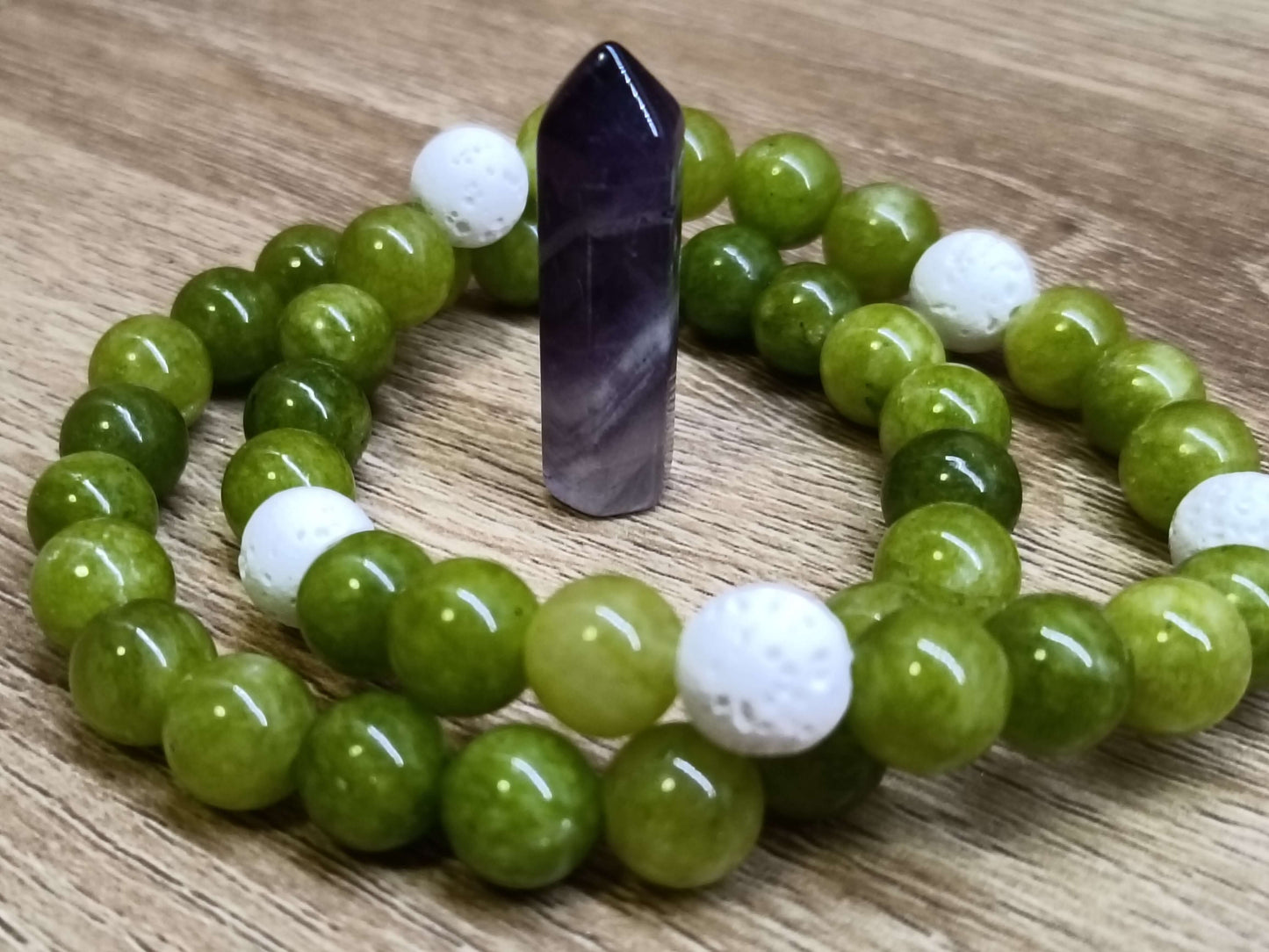 Green Peridot & White Lava Stone Bracelet Set with Amethyst Pillar Crystal